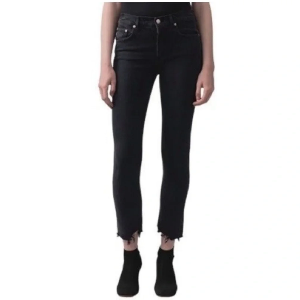 Agolde Toni Mid Rise Straight Leg Jeans Distressed Raw Fray Hem Black Wash sz 26